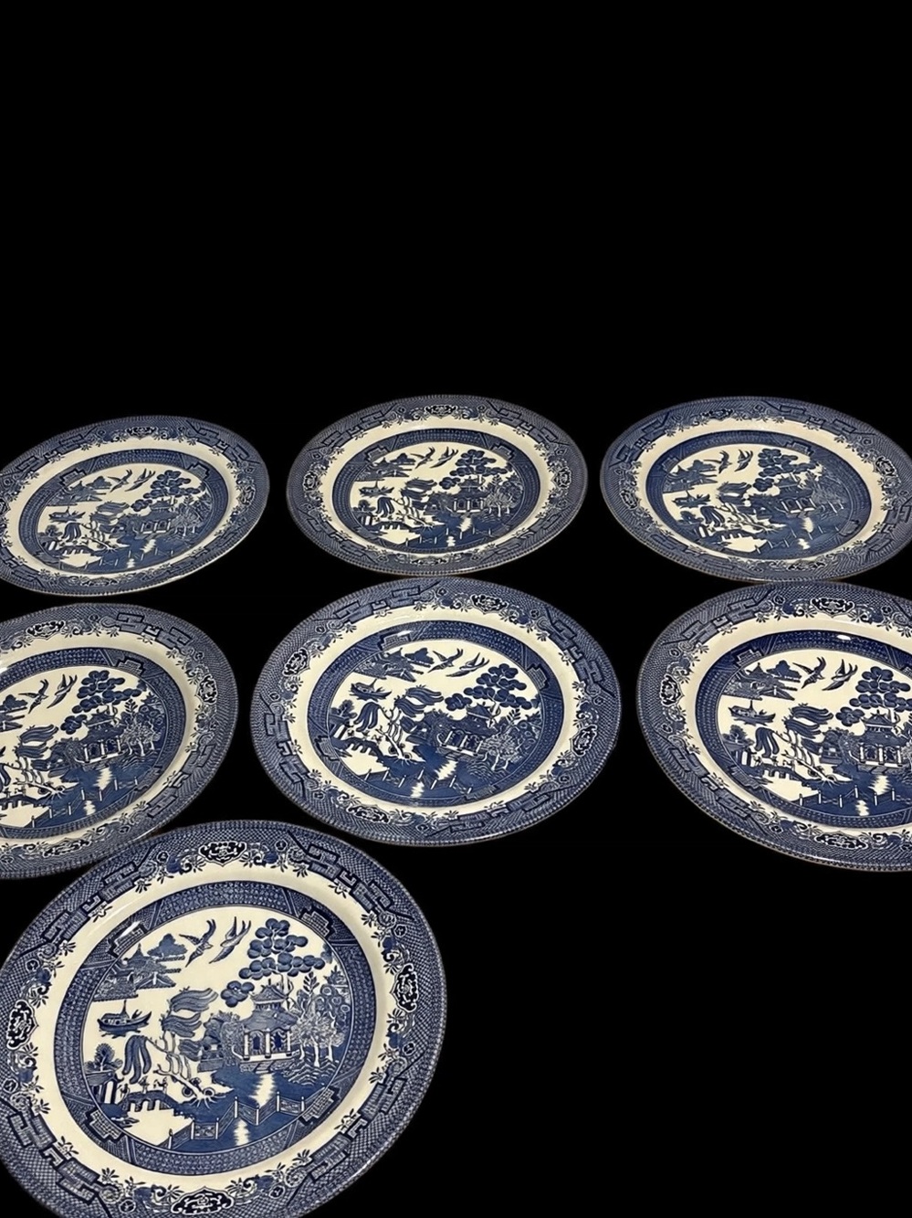 Vintage Churchill Blue Willow Set of 7 Dinner Plates 10" - England Lion Stamp 19